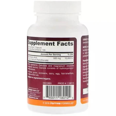 Пантотенова кислота (B5) Pantothenic Acid Jarrow Formulas 500 мг 100 капсул: ціни та характеристики