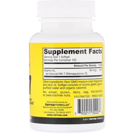 Витамин K2 в форме MK-7 90 мкг MK-7 Vitamin K2 as MK-7 Jarrow Formulas 120 гелевых капсул: цены и характеристики