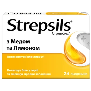 СТРЕПСИЛС® С МЕДОМ И ЛИМОНОМ, леденцы, 24 шт, облегчает боль в горле и оказывает смягчающее действие, успокаивающее горло