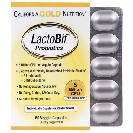 Пробіотики LactoBif Probiotics California Gold Nutrition 5 млрд КУО 60 овочевих капсул