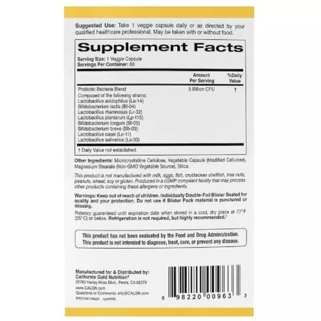 Пробиотики LactoBif Probiotics California Gold Nutrition 5 млрд КОЕ 60 овощных капсул: цены и характеристики
