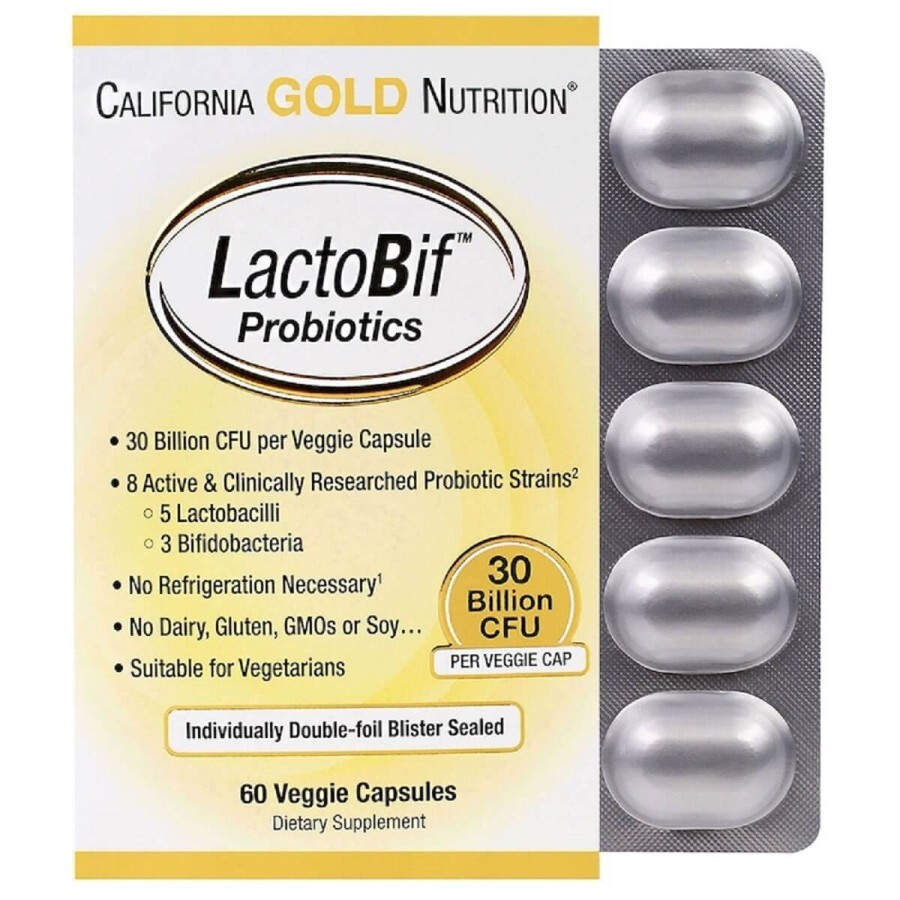 Пробіотики LactoBif Probiotics California Gold Nutrition 30 млрд КУО 60 овочевих капсул: ціни та характеристики