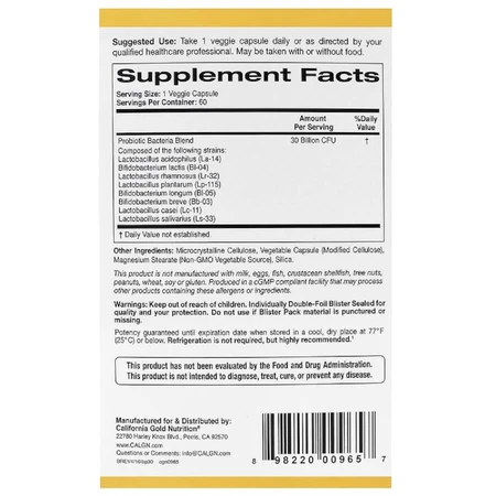 Пробіотики LactoBif Probiotics California Gold Nutrition 30 млрд КУО 60 овочевих капсул: ціни та характеристики