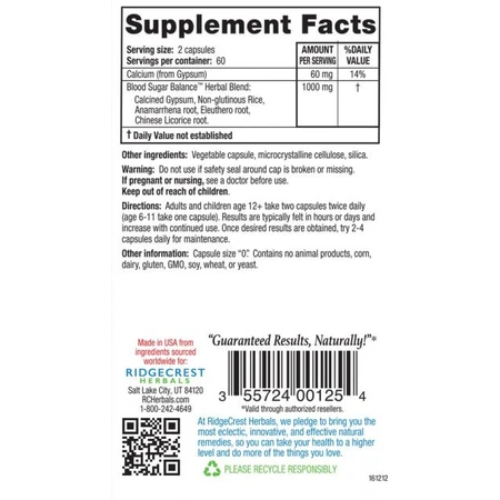 Комплекс для нормалізації цукру в крові Blood Sugar Balance RidgeCrest Herbals 120 гелевих капсул: ціни та характеристики