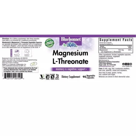 L-Треонат Магния Magnesium L-Threonate Bluebonnet Nutrition 90 вегетарианских капсул: цены и характеристики