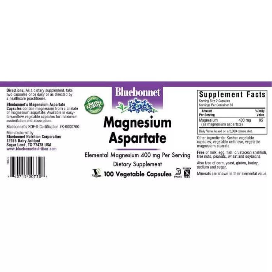 Аспартат Магнію 400 мг Magnesium Aspartate Bluebonnet Nutrition 100 вегетаріанських капсул: ціни та характеристики