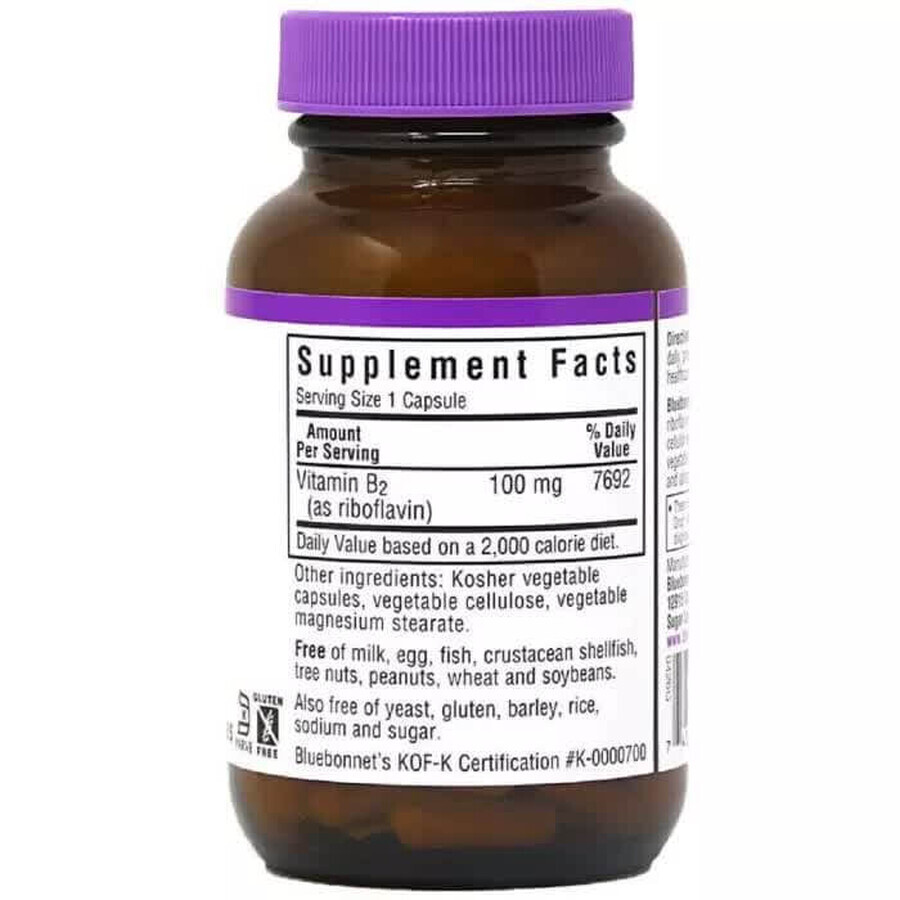 Вітамін B2 100 мг Vitamin B2 Bluebonnet Nutrition 100 вегетаріанських капсул: ціни та характеристики