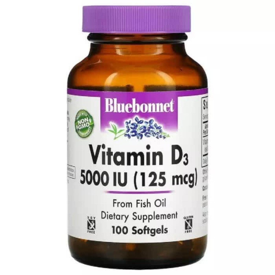 Витамин D3 5000IU (125 мкг) Vitamin D3 Bluebonnet Nutrition 100 желатиновых капсул: цены и характеристики