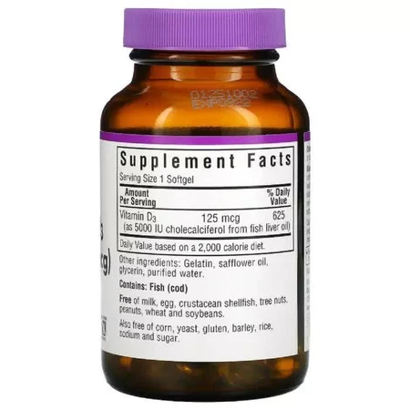 Витамин D3 5000IU (125 мкг) Vitamin D3 Bluebonnet Nutrition 100 желатиновых капсул: цены и характеристики