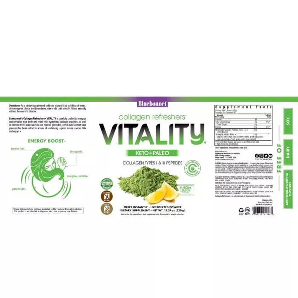 Колаген сила бадьорості та енергії смак лимона і матчі Collagen Refreshers VITALITY Type I & III Bluebonnet Nutrition порошок 320 г: ціни та характеристики