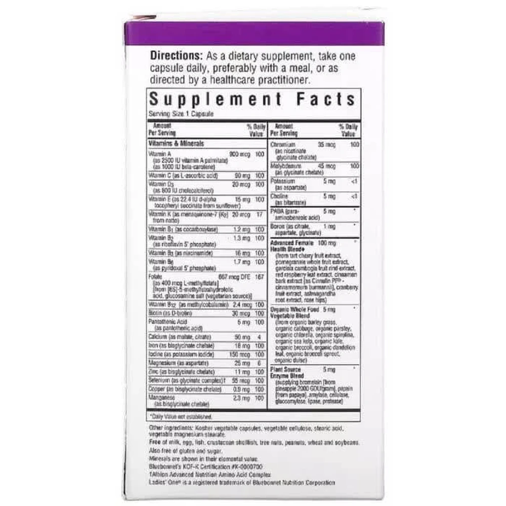Комплекс вітамінів для жінок Ladies 'ONE Whole Food-Based Multiple Bluebonnet Nutrition 60 вегетаріанських капсул: ціни та характеристики