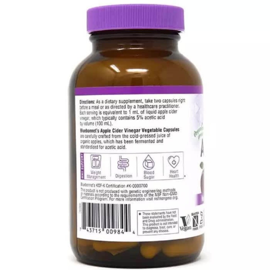 Яблучний оцет Apple cider vinegar Bluebonnet Nutrition 120 вегетаріанських капсул: ціни та характеристики