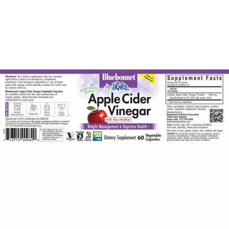 Яблочный уксус Bluebonnet Nutrition Apple cider vinegar, 60 вегетарианских капсул : цены и характеристики