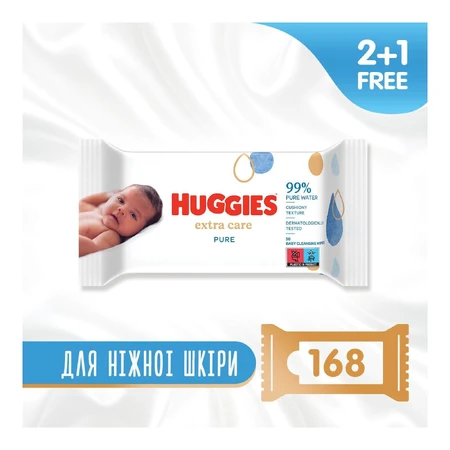 Дитячі вологі серветки Huggies Pure Extra Care 3 х 56 шт: ціни та характеристики