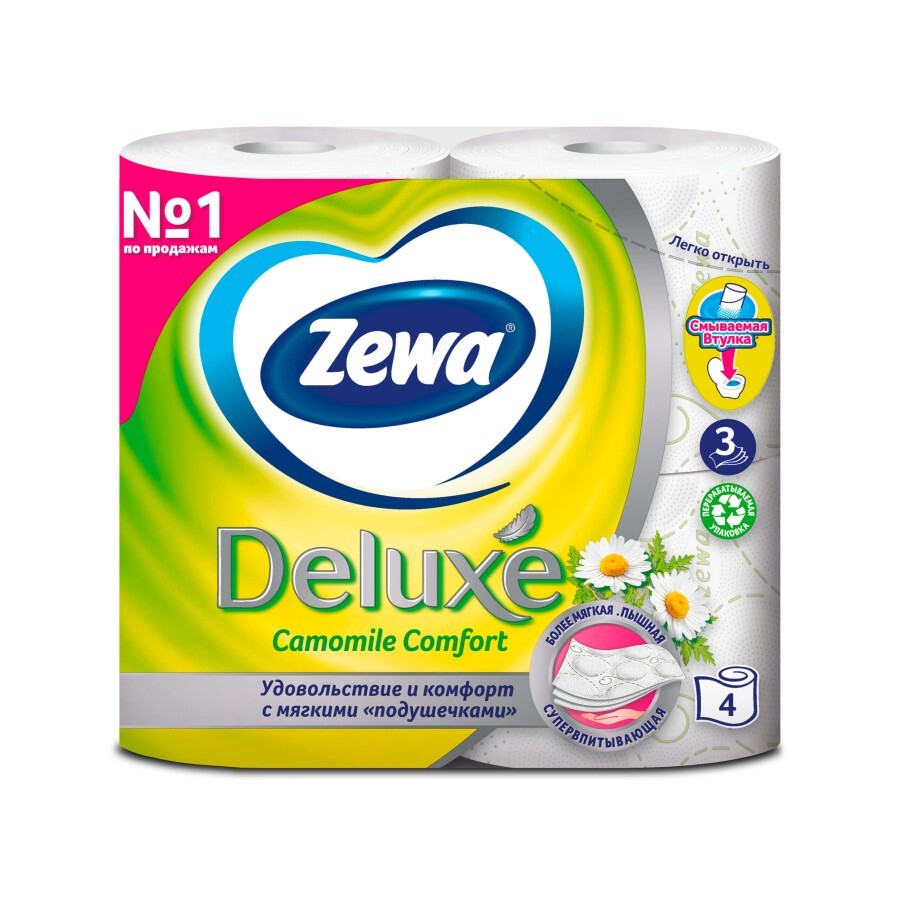 Туалетний папір Zewa Deluxe 3-шаровий Ромашка білий 4 шт: ціни та характеристики