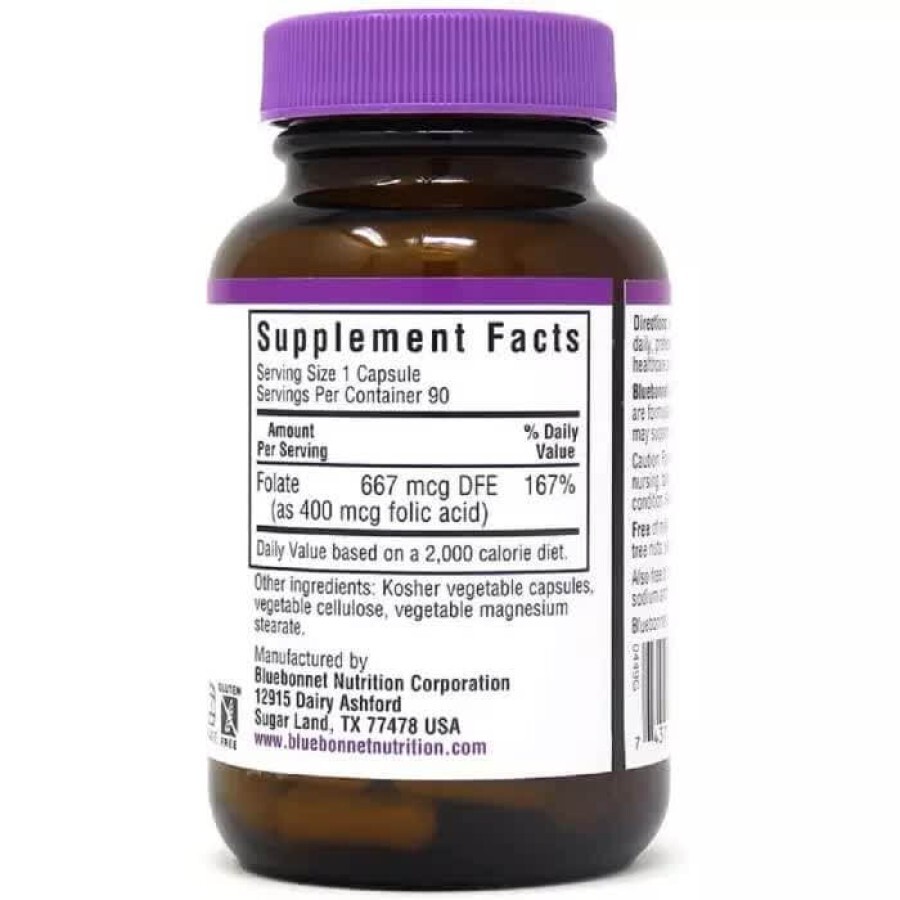 Фолиевая кислота 400 мг Folic Acid Bluebonnet Nutrition 90 вегетарианских капсул: цены и характеристики