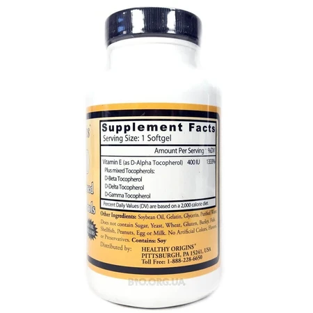 Вітамін E суміш токоферолів Vitamin E 400 МЕ Healthy Origins 180 капсул: ціни та характеристики