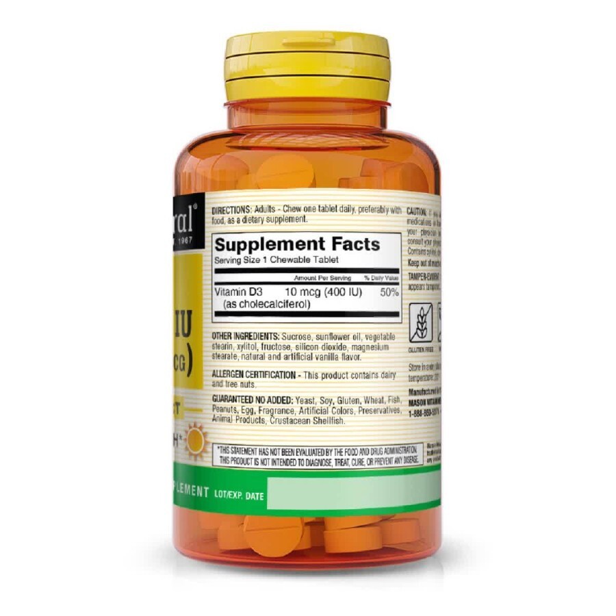 Вітамін D 400 ME смак ванілі Mason Natural 100 жувальних таблеток: ціни та характеристики
