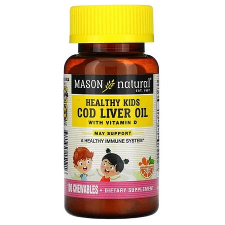 Масло печінки тріски з вітаміном D смак апельсина Cod Liver Oil with Vitamin D Mason Natural 100 жувальних таблеток: ціни та характеристики