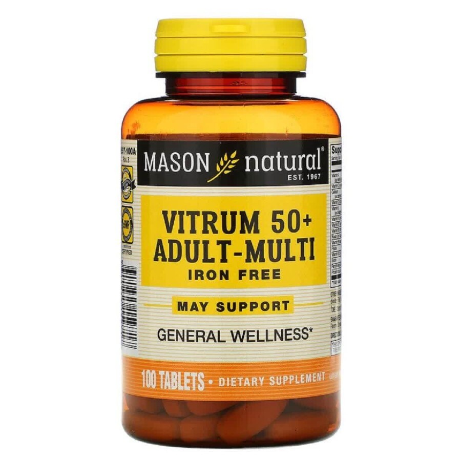 Мультивитамины 50+ без железа Vitrum 50+ Adult-Multi Iron Free Mason Natural 100 таблеток: цены и характеристики