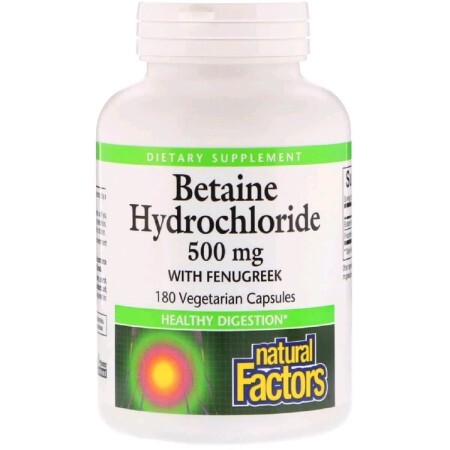 Бетаїн гідрохлорид і Пажитник Betaine Hydrochloride + Fenugreek Natural Factors 500мг 180 капсул