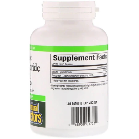 Бетаин Гидрохлорид и Пажитник Betaine Hydrochloride + Fenugreek Natural Factors 500мг 180 капсул: цены и характеристики