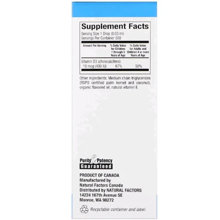 Вітамін D3 в краплях без ароматизаторів Vitamin D3 Drops Natural Factors 400 МЕ 15 мл: ціни та характеристики