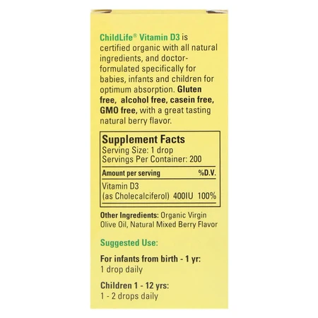 Жидкий Витамин D3 для детей со вкусом ягод 400 МЕ Organic Vitamin D3 Drops ChildLife 6.25 мл: цены и характеристики