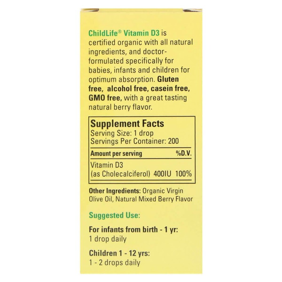 Рідкий Вітамін D3 для дітей зі смаком ягід 400 МЕ Organic Vitamin D3 Drops ChildLife 6.25 мл: ціни та характеристики