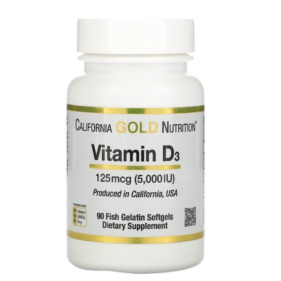 Вітамін D3 5000 МО (125 мкг) California Gold Nutrition 90 желатинових капсул: ціни та характеристики