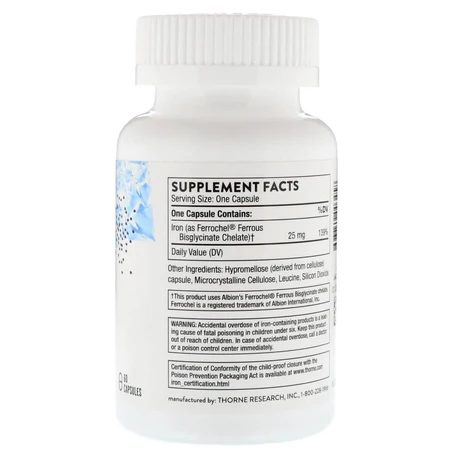 Залізо Бісгліцинат 25 мг Iron Bisglycinate Thorne Research 60 капсул: ціни та характеристики