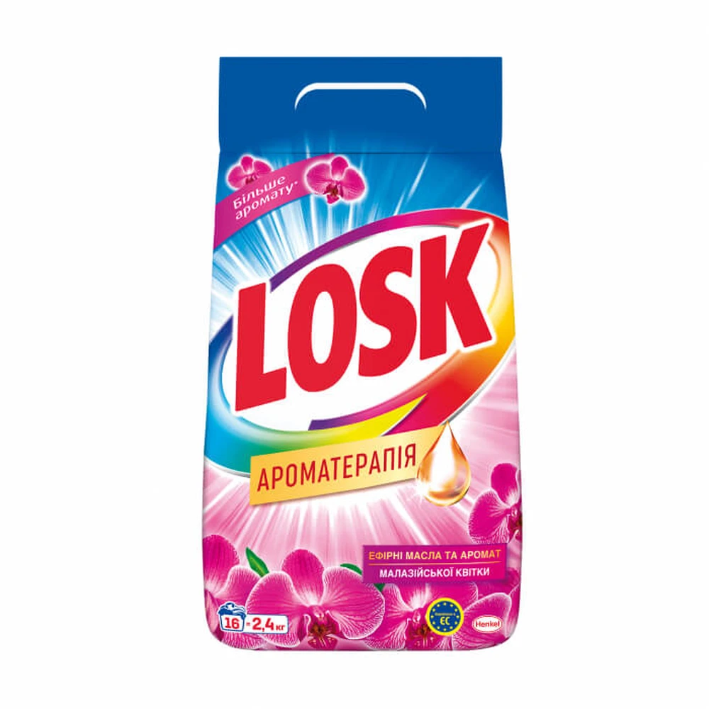 Пральний порошок Losk Color Ароматерапія, з ефірними оліями та ароматом Малайзійських квітів, автомат, 16 циклів прання, 2.4 кг: ціни та характеристики
