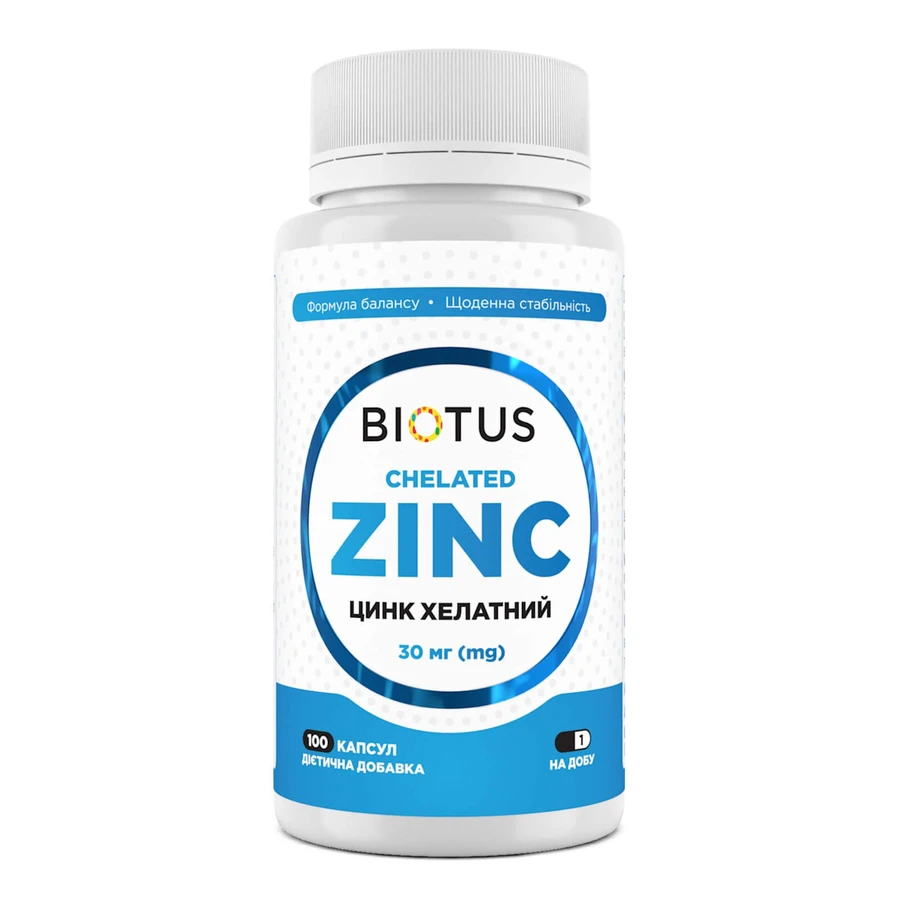 Хелатний цинк Chelated Zinc Biotus 30 мг 100 капсул: ціни та характеристики