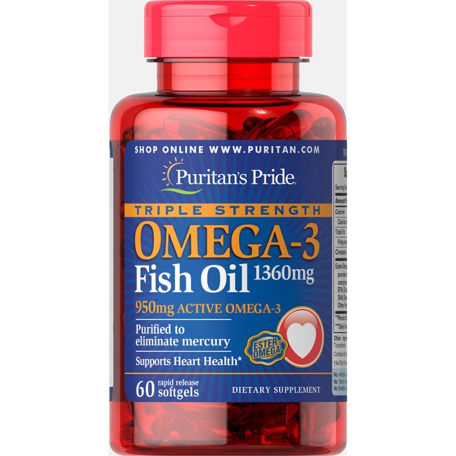 Омега-3 риб'ячий жир Puritan's Pride 1360 мг (950 мг активного омега-3) гелеві капсули №60: ціни та характеристики
