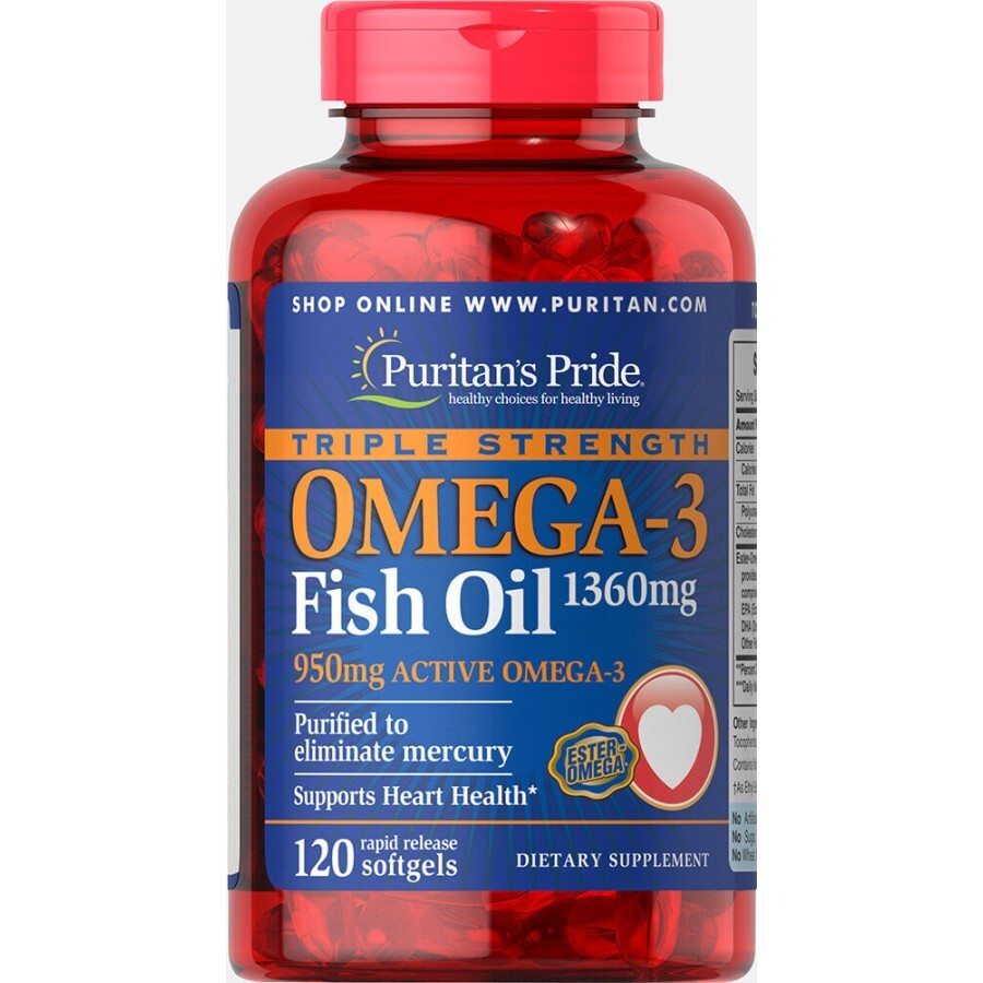 Омега-3 риб'ячий жир Puritan's Pride 1360 мг (950 мг активного омега-3) гелеві капсули №120: ціни та характеристики