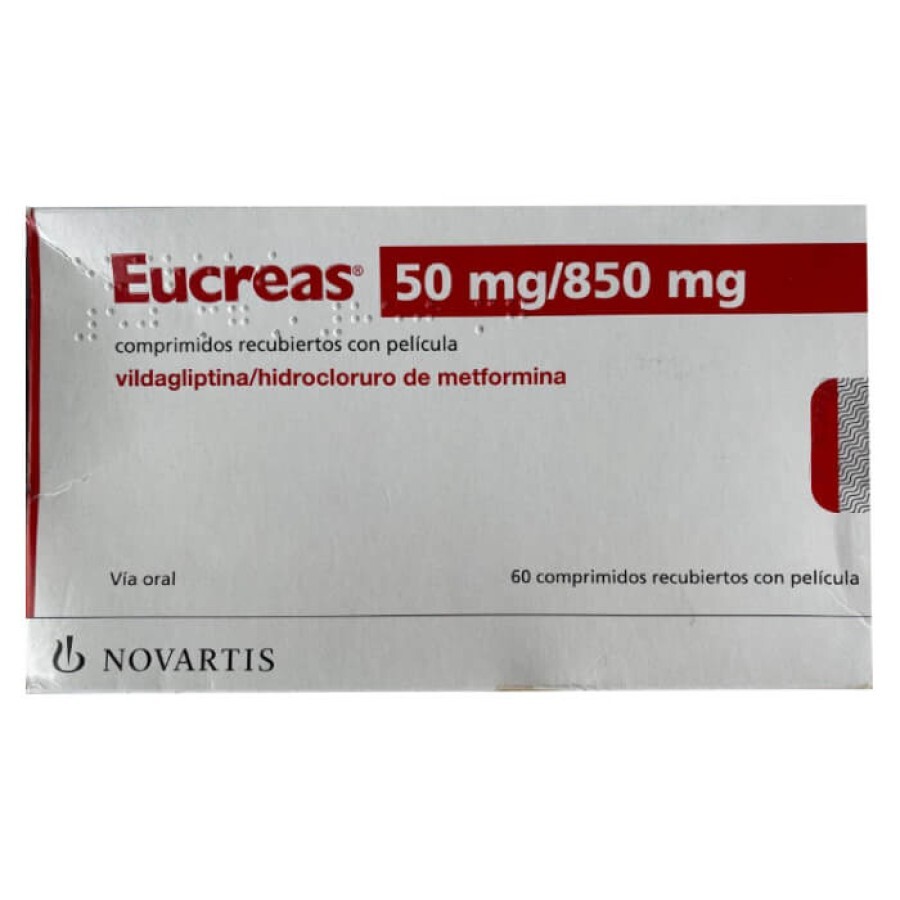 Eucreas (действующее вещество метформин: 850 мг, вилдаглиптин: 50 мг)50/1000 mg табл. №60: цены и характеристики