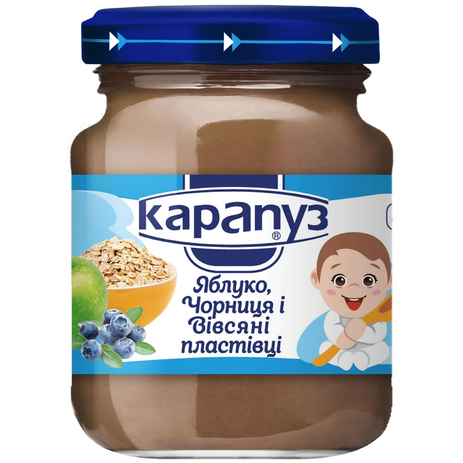 Фруктовое пюре Карапуз Яблоко, черника и овсяные хлопья с 4-х месяцев 125 г: цены и характеристики