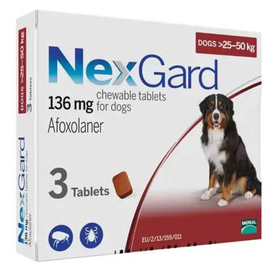 Таблетки від бліх та кліщів для собак NexGard вагою від 25 до 50 кг 3 шт: ціни та характеристики