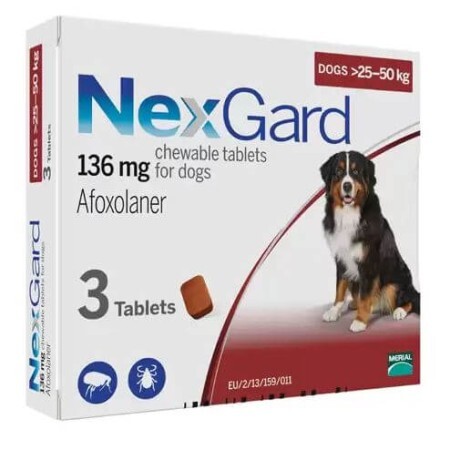 Таблетки от блох и клещей для собак NexGard весом от 25 до 50 кг 3 шт