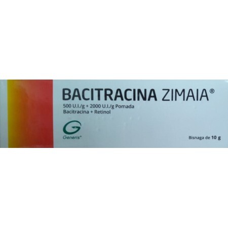 Бацитрацин (Bacitracina Zimaia) мазь 10 гр, діюча речовина: бацитрацин (500 МО/г) і ретинол (вітамін А) (2000 МО/г)