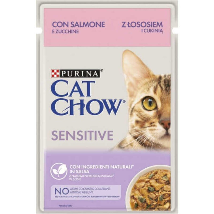 Влажный корм для кошек Purina Cat Chow Sensitive с лососем и цуккини в желе 85г: цены и характеристики