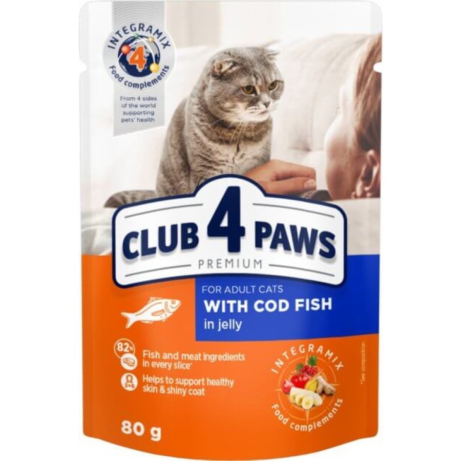 Вологий корм для кішок Club 4 Paws в желе з тріскою 80 г: ціни та характеристики