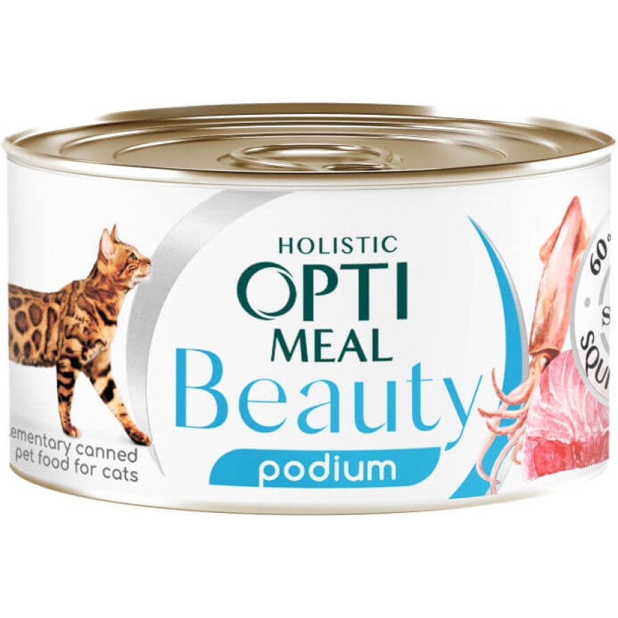 Консервы для кошек Optimeal Beauty Podium полосатый тунец в соусе с кальмарами 70 г: цены и характеристики
