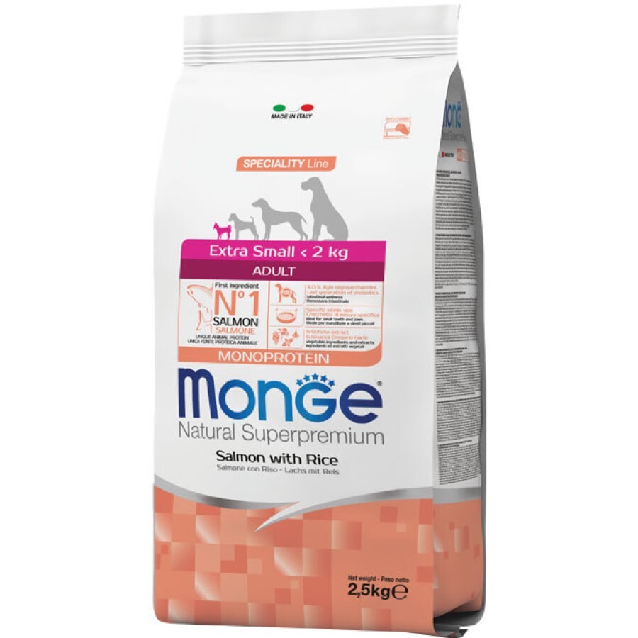 Сухий корм для собак Monge Extra Small Adult Salm/Rice зі смаком лосося 2.5 кг: ціни та характеристики