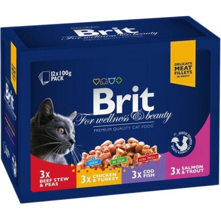 Вологий корм для кішок Brit Premium Cat сімейна тарілка асорті 4 смаки 100 г х 12 шт