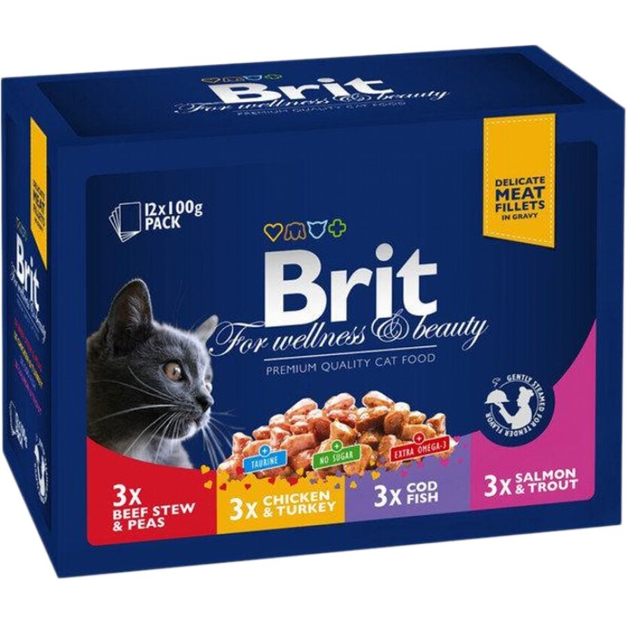 Вологий корм для кішок Brit Premium Cat сімейна тарілка асорті 4 смаки 100 г х 12 шт: ціни та характеристики