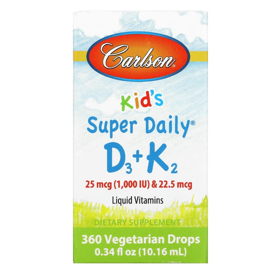 Вітамін D3+K2 для дітей у краплях, 1000 МО та 22,5 мкг, Kid's Super Daily D3+K2, Carlson, 10.16 мл: ціни та характеристики