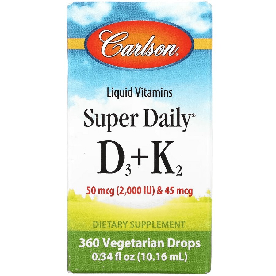 Вітамін D3+K2 у краплях, 2000 МО та 45 мкг, Super Daily D3+K2, Carlson, 10.16 мл: ціни та характеристики