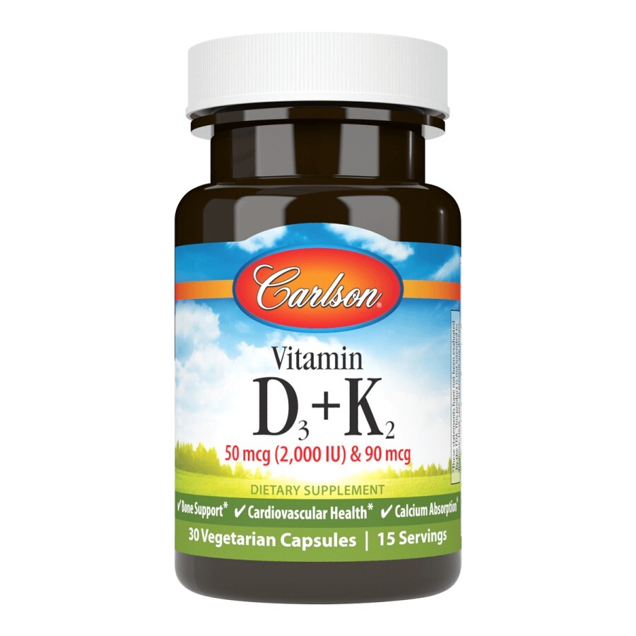 Вітамін D3+K2, 2000 МО та 90 мкг, Vitamin D3+K2, Carlson, 30 вегетаріанських капсул: ціни та характеристики