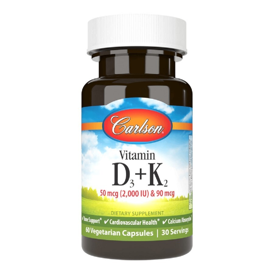 Витамин D3+K2, 2000 МЕ и 90 мкг, Vitamin D3+K2, Carlson, 60 вегетарианских капсул: цены и характеристики
